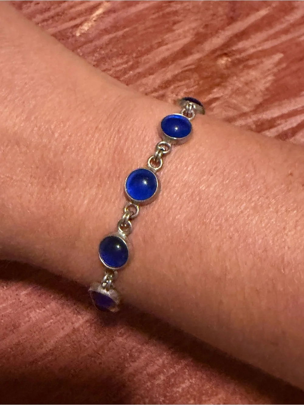 925 Sterling Silver Blue Cabochon Link Bracelet - Unbranded